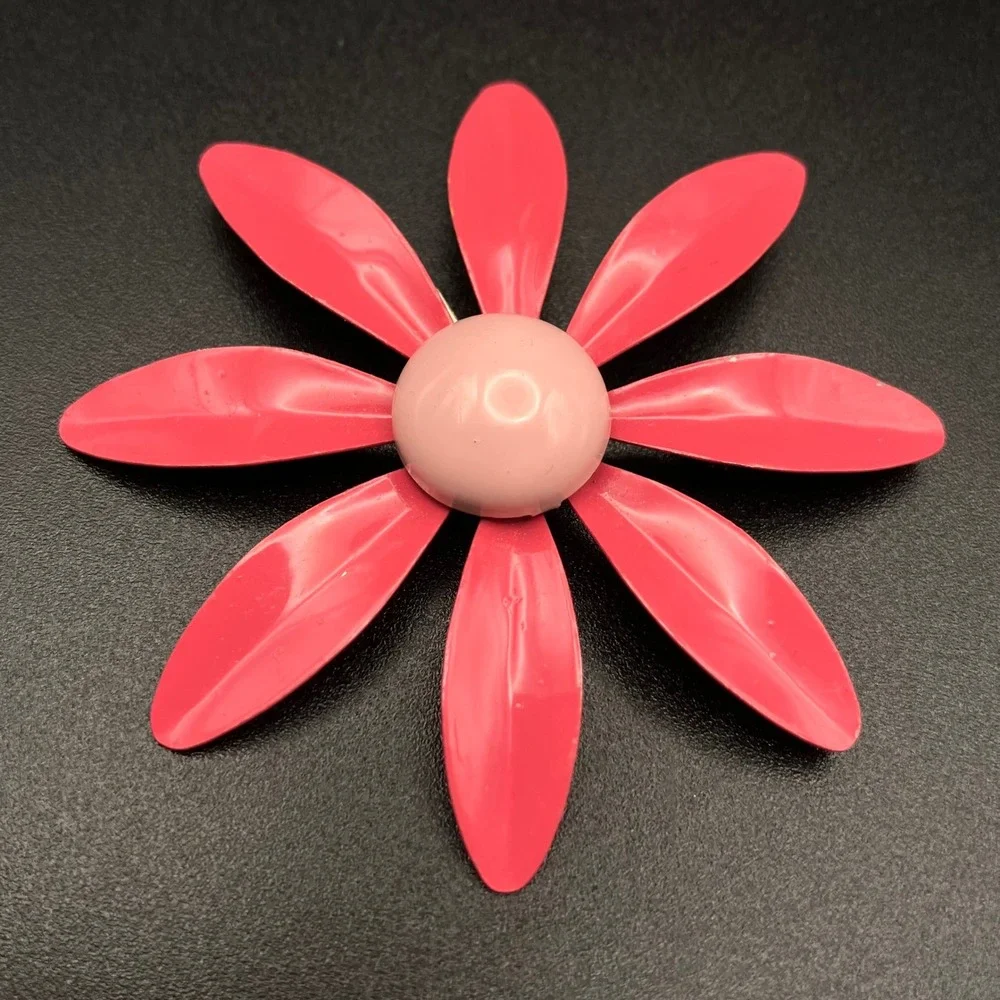 Vintage Pink Enamel Flower Brooch Mid Century Mod Pop Art Flower Power 2.75 